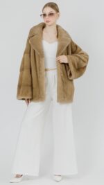 Полушубок из норки Графит с отделкой из меха чернобурой лисы