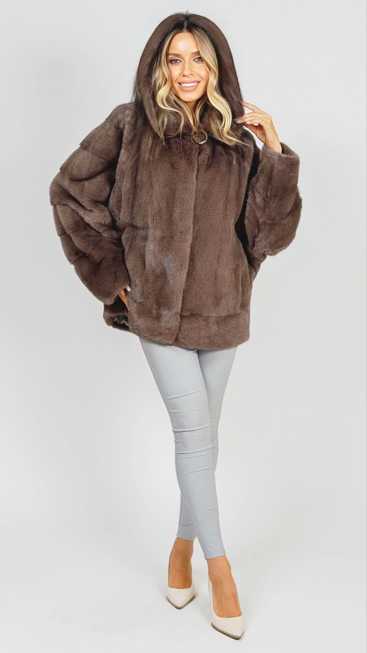 Куртка в комбинированной выкладке меха норки Cappuccino с капюшоном