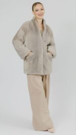 Полушубок Lilou из норки White с английским воротником из меха рыси